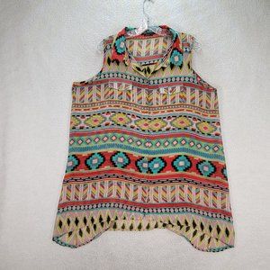 BCBGMaxazria Chiffon Collar Tribal Colorful Sheer Hi Low Western Boho Tunic Top